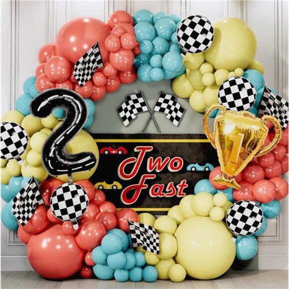 DECOR Vintage Two Fast Race Car Balloon Garland Kit with BONUS Trophy & Number 2 - Picture 4 of 7